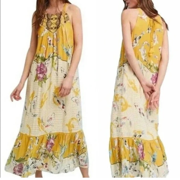 Anthropologie | One September Yellow Paradiso Koi Fish Maxi Dress Size Small - Picture 1 of 15
